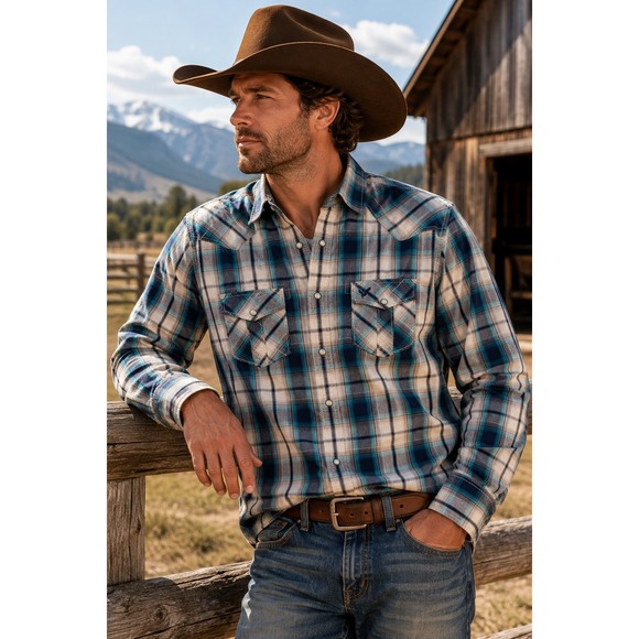 American Eagle Outfitters Other - American Eagle Western Shirt Mens‎ XL Plaid Pearl Snap Cowboy Vintage Fit Blue